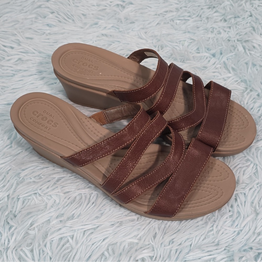 Crocs Leighann Mini Wedge Sandals Women's 10 Brown Multi Strap Slip On Comfort